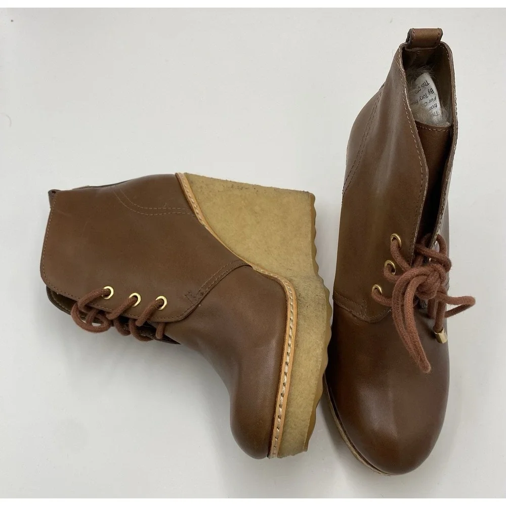 Tory Burch Women's Rabbit‎ Fur Lined Wedge Ankle Boots Brown Size 6